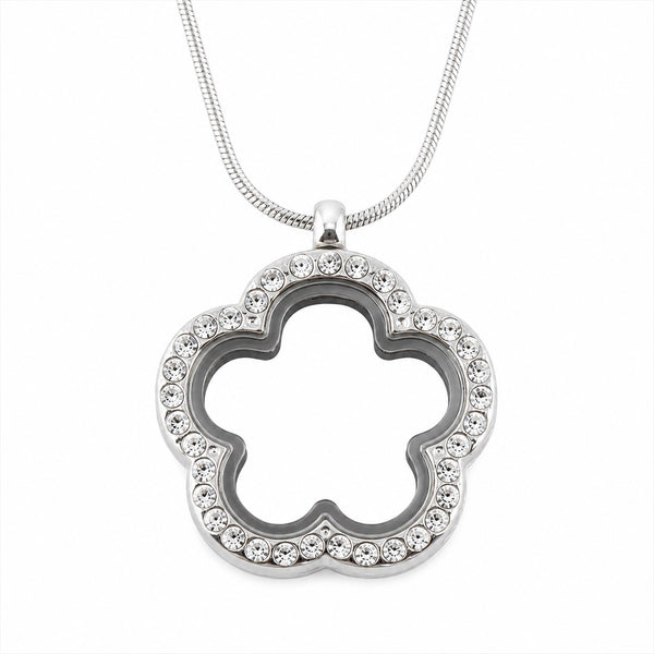 Crystal Flower Floating Charm Locket Necklace