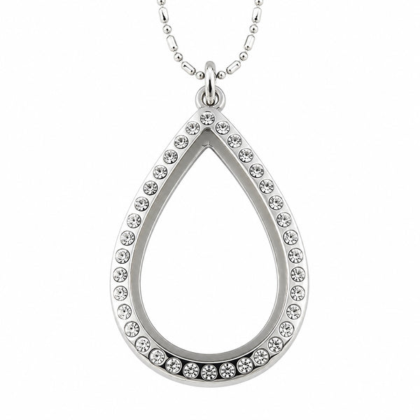 A silver teardrop-shaped floating charm locket necklace adorned with clear round crystals along its border, suspended from a matching silver ball chain against a plain white background.