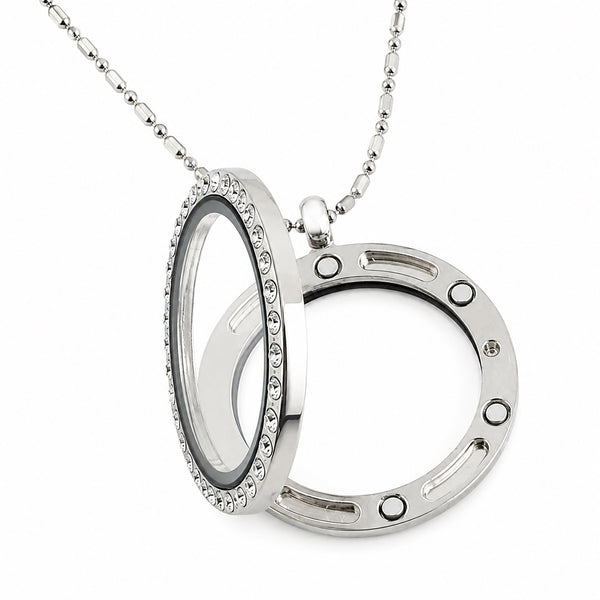A silver-toned 30mm circular locket necklace with a beaded chain, featuring a bezel-set row of clear rhinestones, shown against a plain white background.
