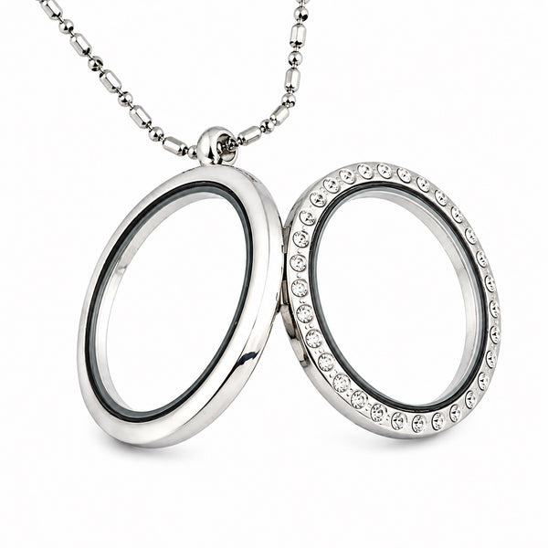 Open silver 30mm round locket necklace in open position.