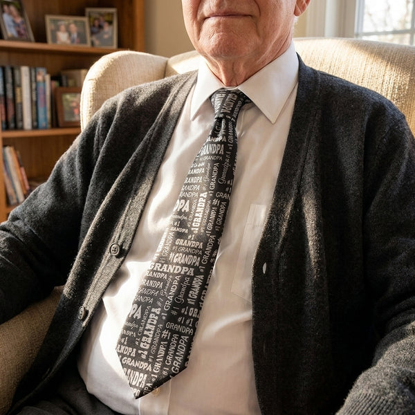 Man wearing a tie with 'GRANDPA' text, sitting in a chair with a bookshelf in the background.