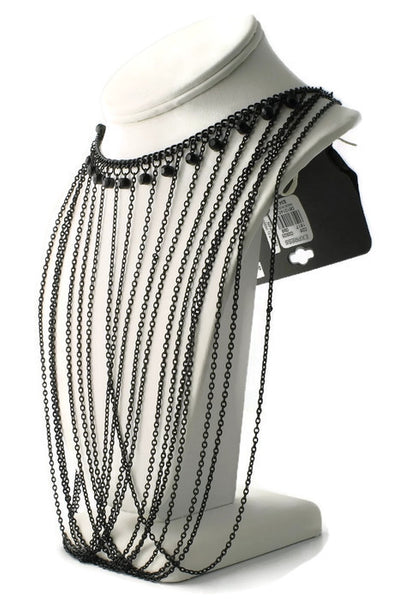 Express Black Multi Strand Collar Choker Necklace With Black Rhinestones