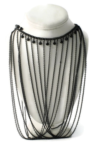 Express Black Multi Strand Collar Choker Necklace With Black Rhinestones