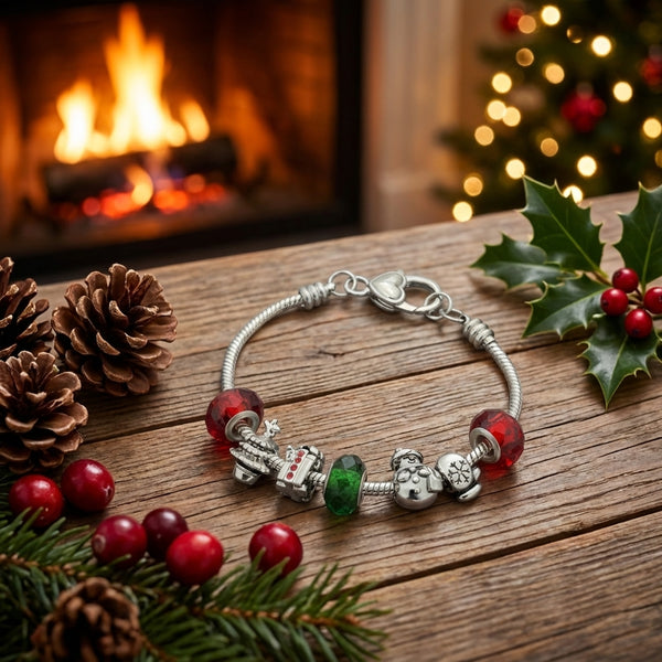 European bead Christmas bracelet with snowman tree present and mitten beads styled with holly red berries and fireplace Pandora compatible