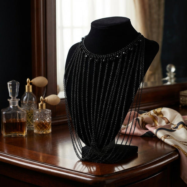 Express black beaded choker necklaces with multistrand chains on a mannequin bust with perfume bottles and a scarf in the background.