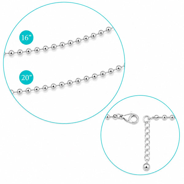Silver ball chain necklace shown with two circular detail views: one labeled 16 inches and one labeled 20 inches, plus a close-up of the clasp and extender chain.