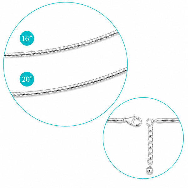 Silver snake chain necklace shown with two circular detail insets: one labeled 16" and 20" length, and one showing the clasp and extender chain. The product is photographed on a plain white background.