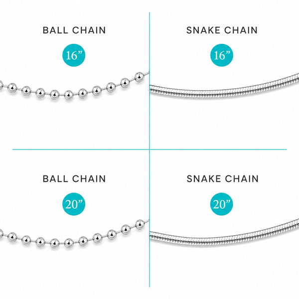 A product comparison graphic showing two chain styles: ball chain and snake chain, each in 16-inch and 20-inch lengths. The top-left panel shows a 16-inch silver ball chain, the top-right shows a 16-inch silver snake chain, the bottom-left shows a 20-inch silver ball chain, and the bottom-right shows a 20-inch silver snake chain.