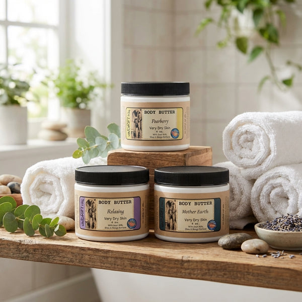 Windrift Hill Goat Milk Body Butter Shown In Scents Pearberry, Relaxing And Mother Earth