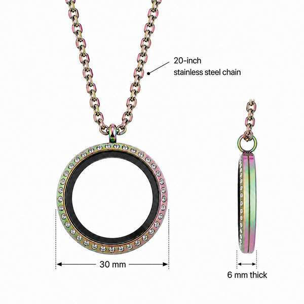 A stainless steel round floating charm locket necklace shown on a white background with dimension labels. The main view shows the front of the pendant and chain, and a smaller side view shows the thickness.
