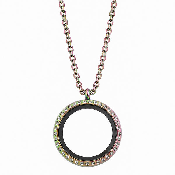 30mm Stainless Steel Round Floating Charm Locket Necklace With Rainbow Finish And Clear Crystals