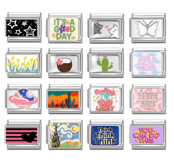 A 4x4 grid of 16 9mm Italian charms, each featuring a different colorful graphic design such as stars, a coconut, a cactus, a butterfly, flowers, a planet, a desert scene, motivational quotes, and stripes.