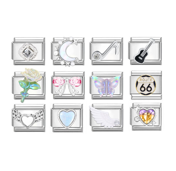 A 3x4 grid of 12 stainless steel 9mm Italian charms on a plain white background, including motifs such as a diamond, crescent moon, music note, guitar, rose, butterflies, Route 66, and aurora borealis heart.