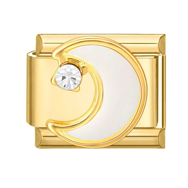 Gold 9mm Italian charm with a white crescent moon design and a clear gemstone on a white background