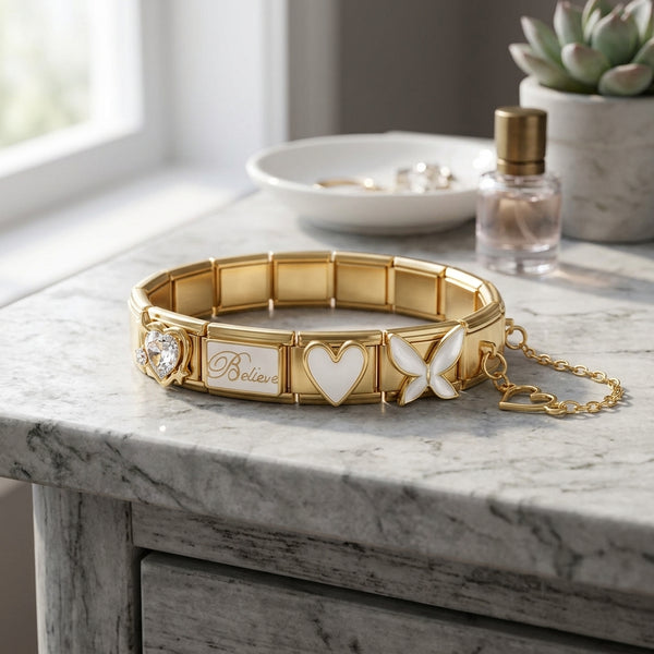 9mm Italian Charm Bracelet In Gold With White Accent Charms And Dangle Open Heart Connector.