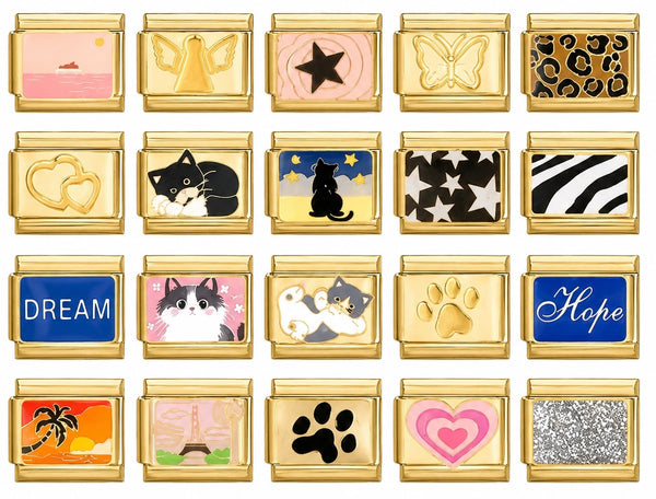 A grid of 20 gold 9mm Italian charm designs on a white background. Designs include landscapes, angels, stars, butterflies, leopard print, hearts, cats, zebra stripes, the words 'DREAM' and 'Hope', paw prints, a palm tree, Eiffel Tower, and glitter.