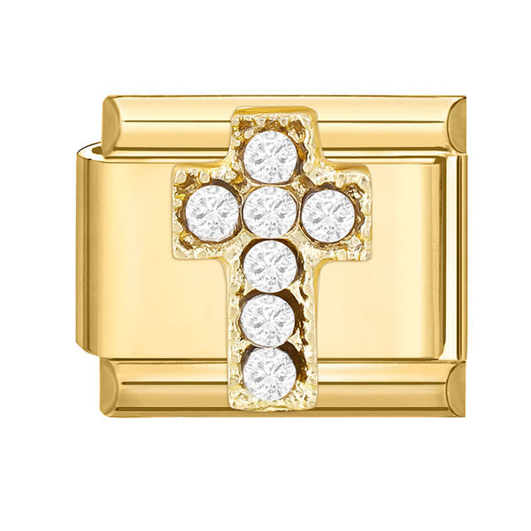 Gold 9mm Italian charm with a cross design featuring pave crystals on a white background
