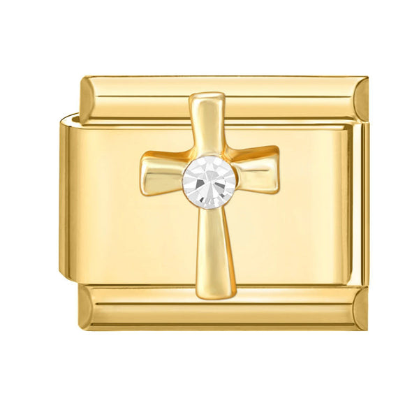 Gold 9mm Italian charm with a cross and clear gemstone on a white background