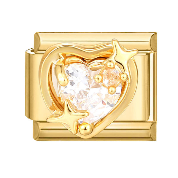 Gold 9mm Italian charm with a heart-shaped gemstone on a white background