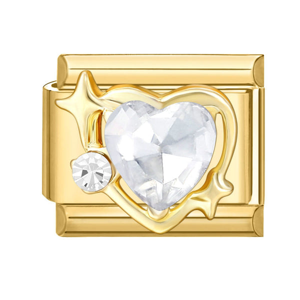 Gold 9mm Italian charm with a heart-shaped crystal on a white background