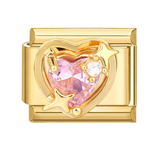 9mm Italian charm in gold celestial frame pink heart-cut CZ with white CZ Accent