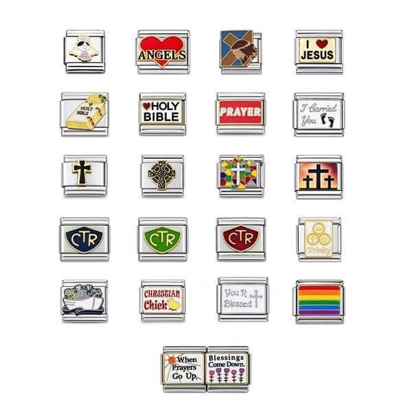 Collection of religious themed 9mm Italian Charms in grid on white background.
