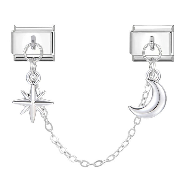 Silver 9mm Italian charm accent chain with star and moon on a white background