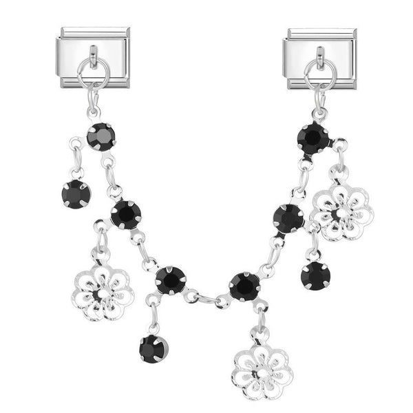 Silver 9mm Italian charm bracelet connector with black gemstones and filigree flower charms on a white background