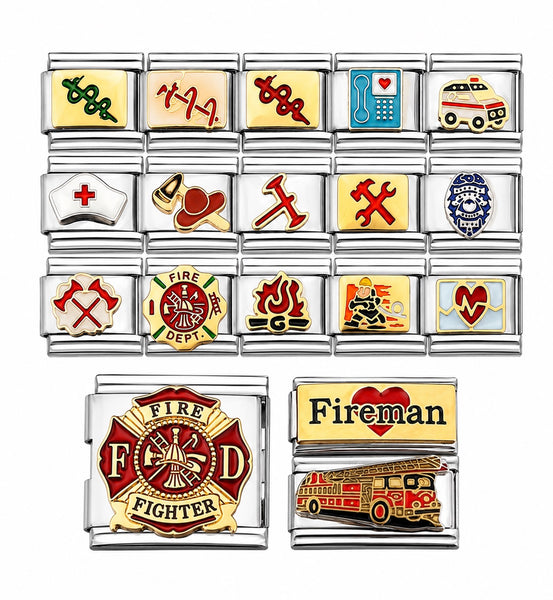 A collection of 9mm Italian charms featuring various designs including symbols related to fire-fighting, policiemen, and medical professionals.