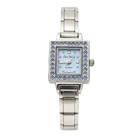 A women's 9mm Italian charm stainless steel watch with a square face, featuring a light blue dial, blue crystal-encrusted bezel, and stainless-steel link bracelet, shown against a plain white background.