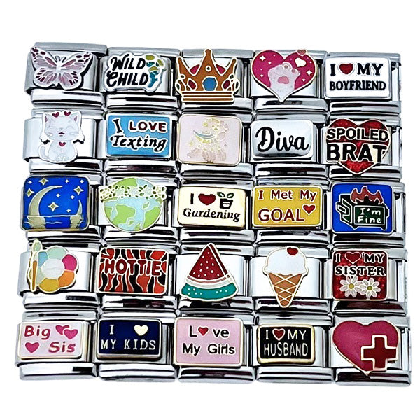 Collection of 9mm Italian charms with sassy sayings in bright enamels and glitter