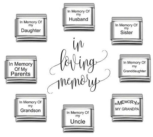 In Loving Memory Of charms – 9mm stainless steel Italian links engraved for Mom, Dad, Husband, Daughter, Sister, and more.