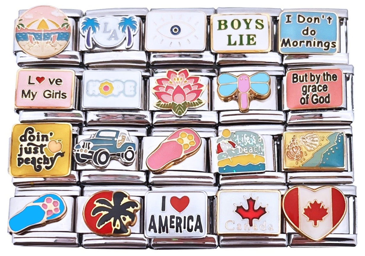9mm Italian Charms Assorted Words & Sayings flowers bugs, jeep, beach and places. 