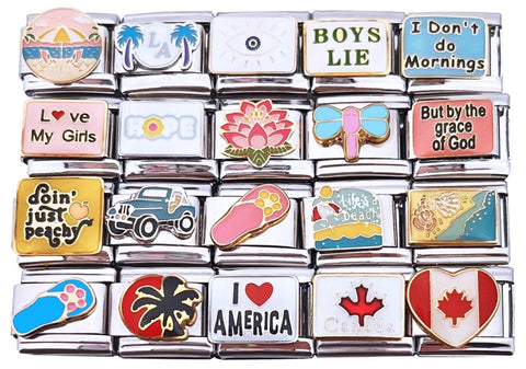9mm Italian Charms Assorted Words & Sayings flowers bugs, jeep, beach and places. 