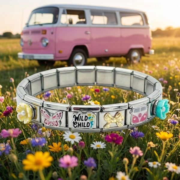 9mm Italian Charm Bracelet With Teal And Yellow 4d Flowers Wild Child Gold Bow Butterfly And Pink Hippy Van