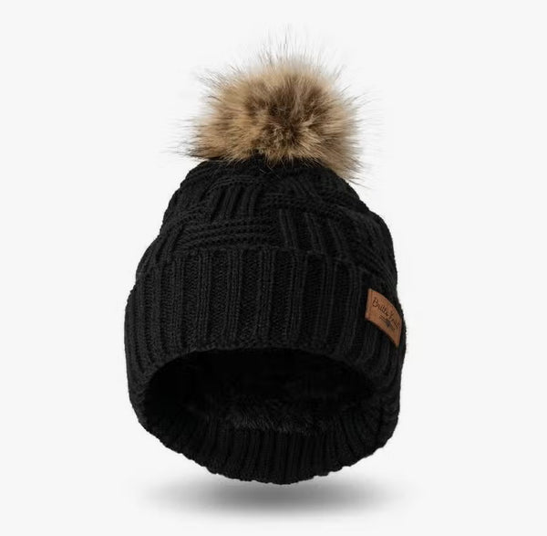 Britt's Knits Black Plush Lined Knit Pom Hat
