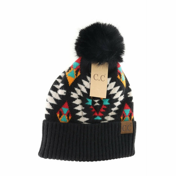 C.C Beanie Aztec Patterned With Faux Fur Pom Hat