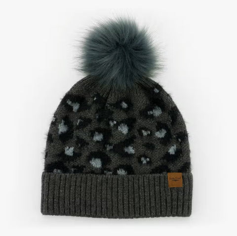 Britt's Knits Charcoal Leopard Print Knit Hat With Vegan Pom