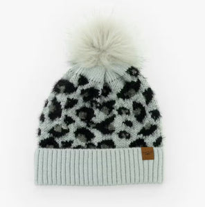 Britt's Knits Gray Leopard Print Knit Hat With Vegan Pom