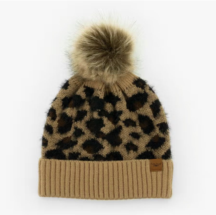Britt's Knits Leopard Print Knit Hat With Vegan Pom -Tan