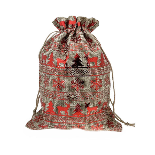 Burlap With Reindeer Christmas Drawstring Gift Bag