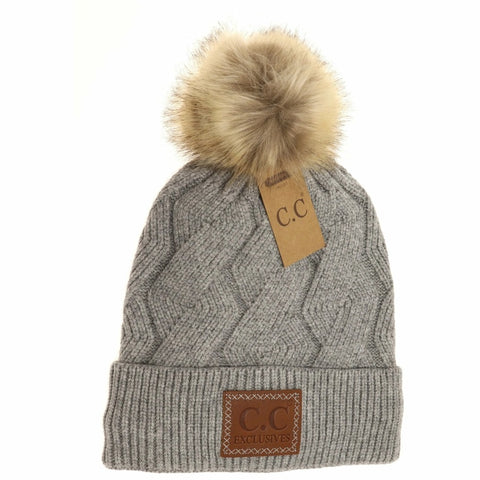 C.C Beanie Exclusives Geometric Knit Pom Hat With Fuzzy Lining In Gray