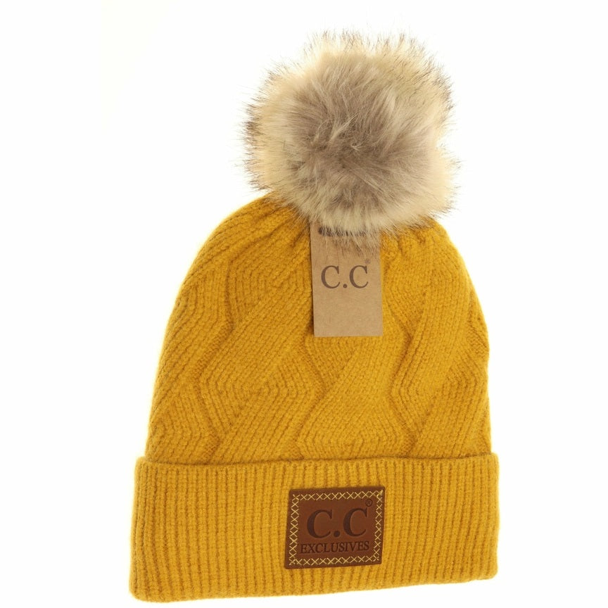 C.C Beanie Exclusives Geometric Knit Pom Hat With Lining In Mustard
