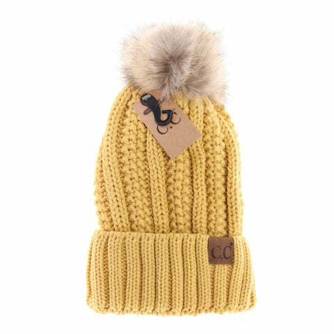 C.C Beanie Fuzzy Lined Pom Hat In Honey Mustard