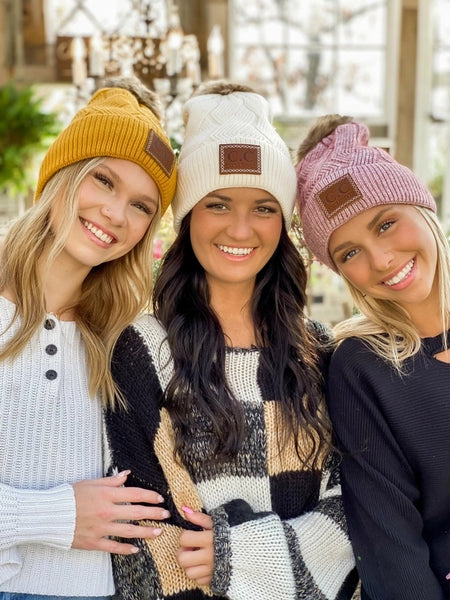 C.C Beanie Exclusives Geometric Knit Pom Hat With Lining In Mustard