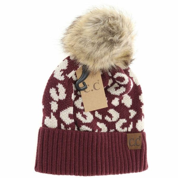 C.C Beanie Leopard Print Knit Pom Hat