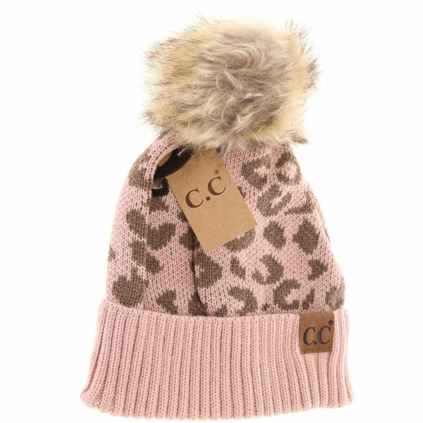 C.C Beanie Leopard Print Knit Pom Hat