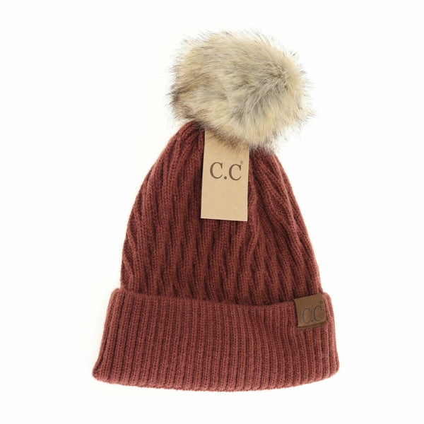 C.C Beanie Solid Honey Comb Knit Pom Hat