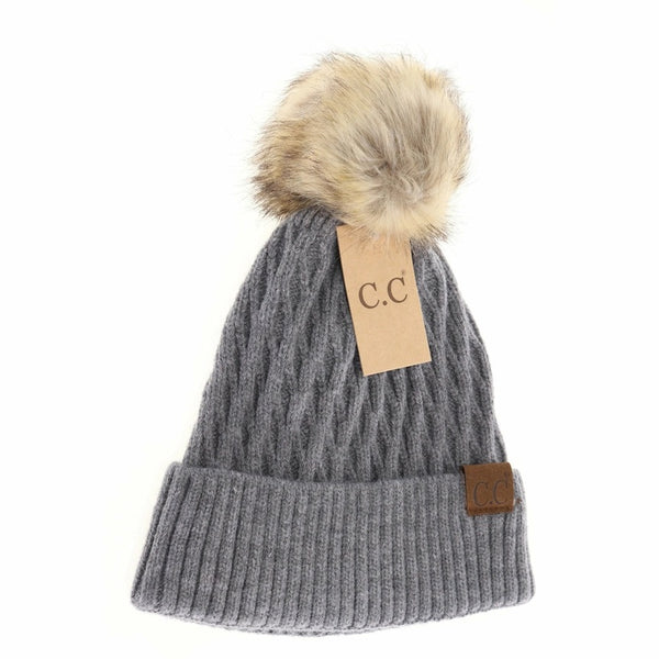 C.C Beanie Solid Honey Comb Knit Pom Hat