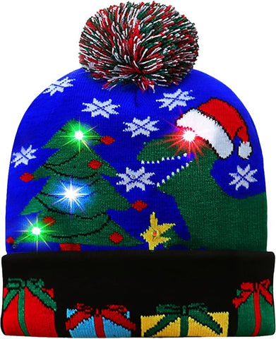 Flashing LED Light Up Christmas Pom Hat Dinosaur